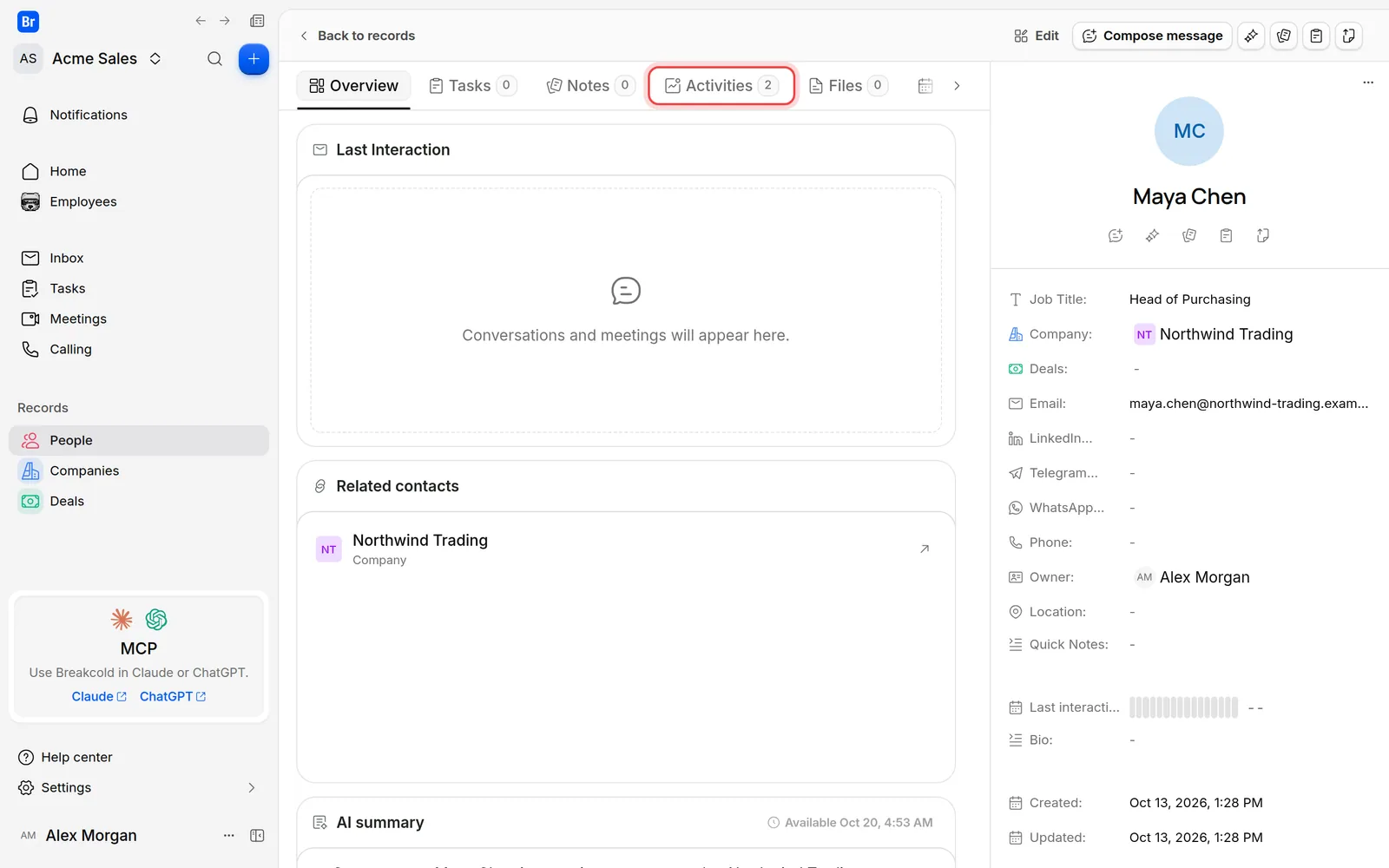 The Activities tab of a deal's record page