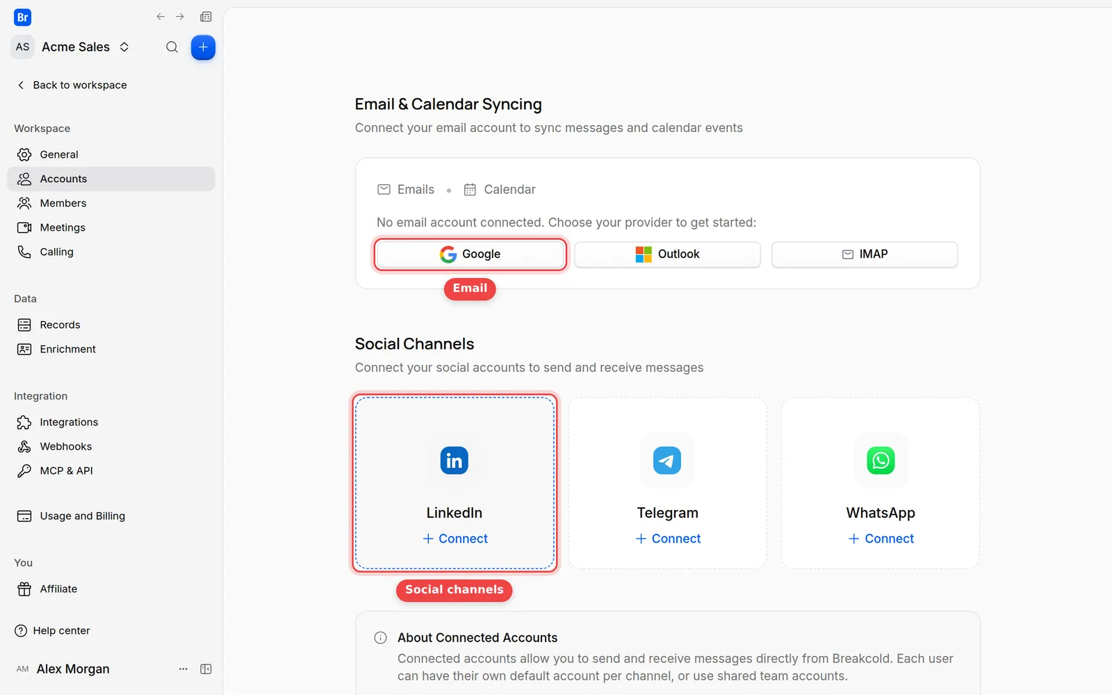 The Accounts settings page with the Google, Outlook and IMAP buttons and the LinkedIn, Telegram and WhatsApp cards