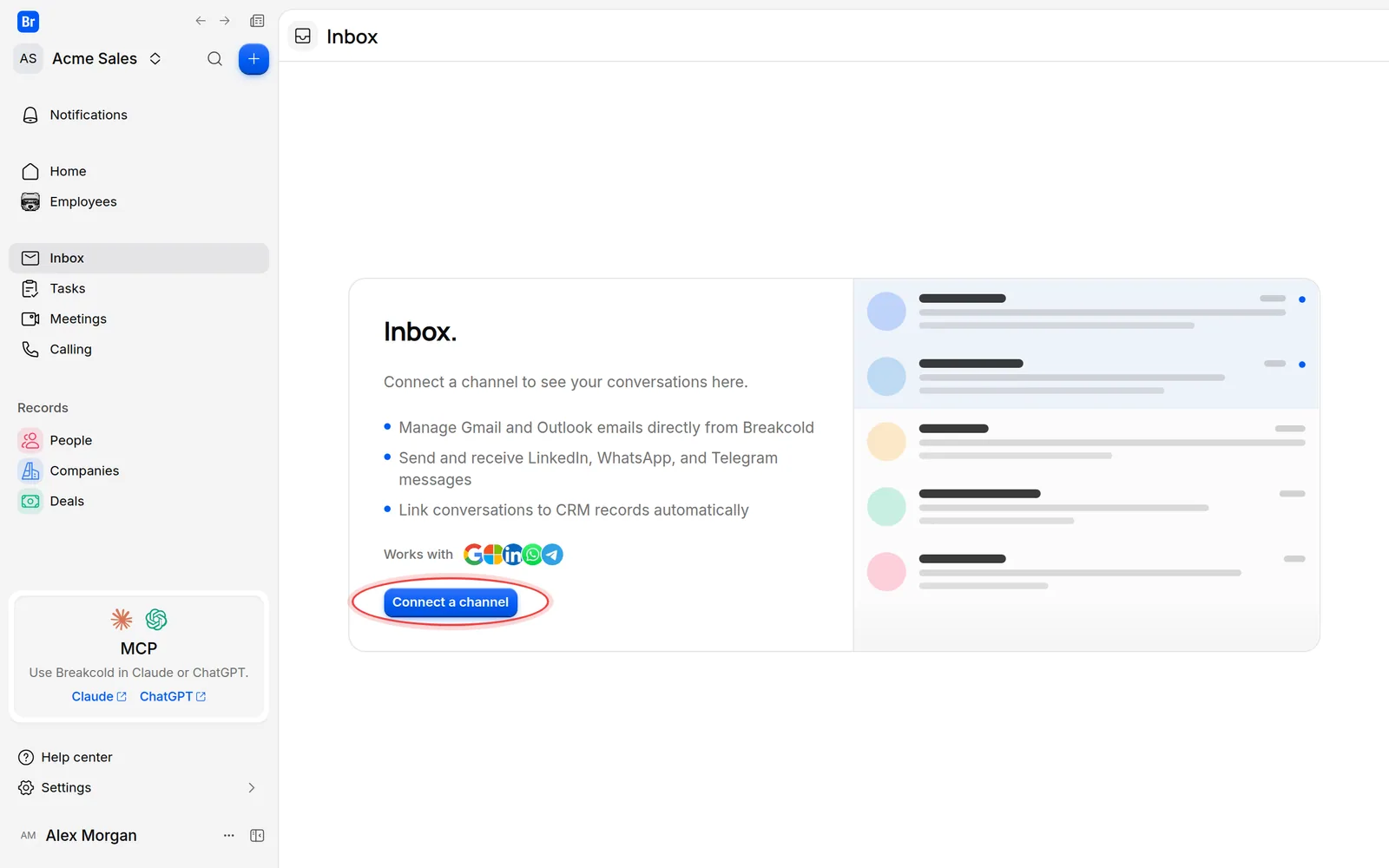 The Inbox before any account is connected, with the Connect a channel button