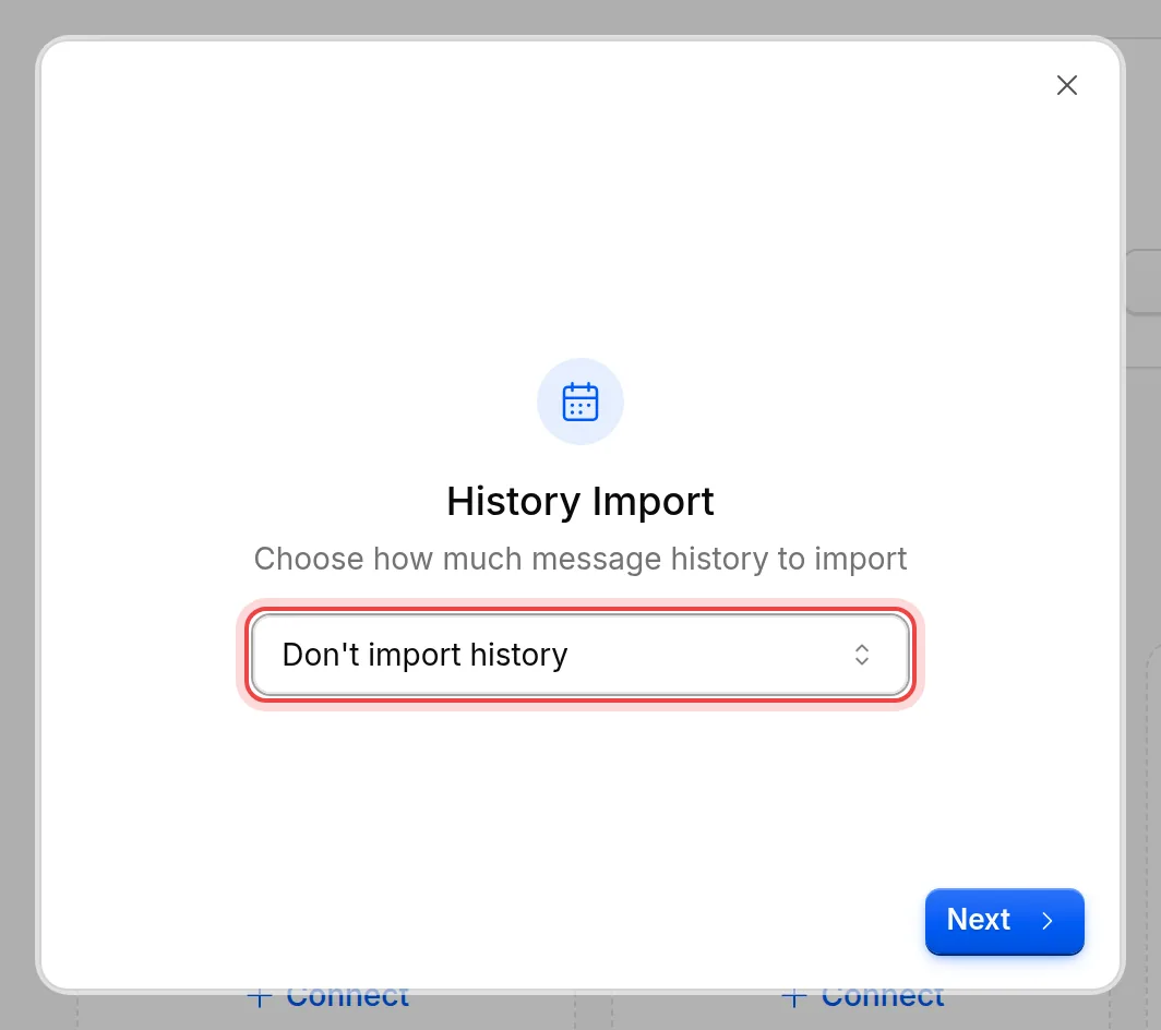 The History Import step of the connect wizard, set to Don't import history