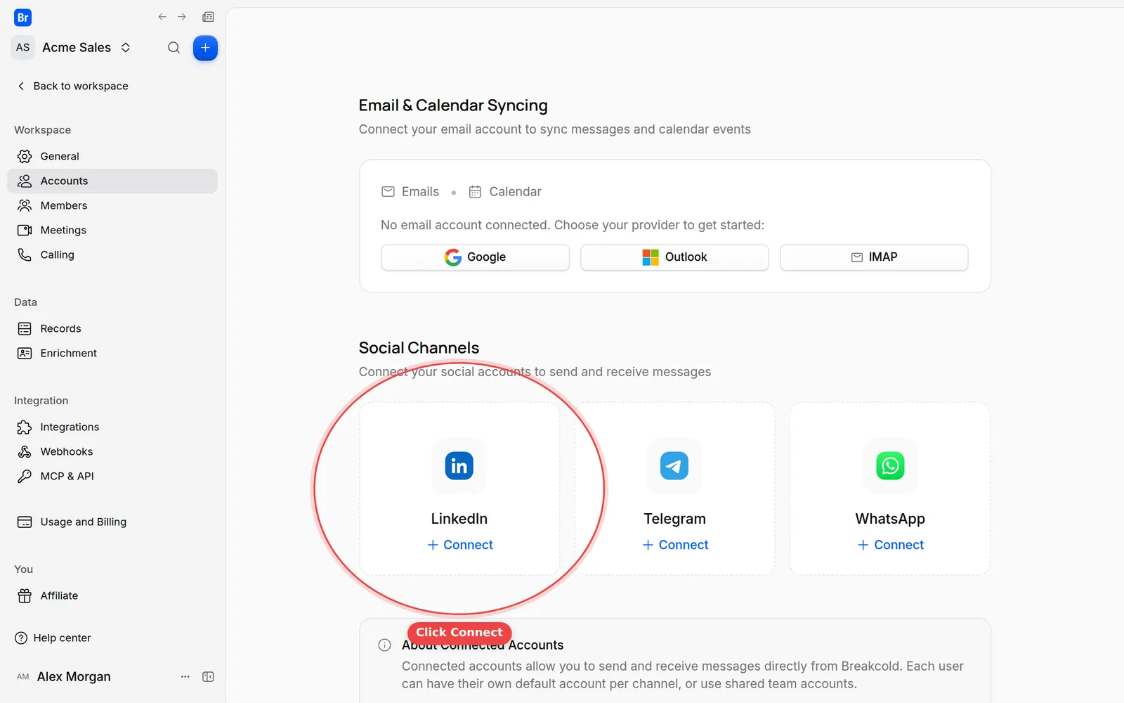 The LinkedIn card with its Connect link in the Social Channels section of the Accounts settings