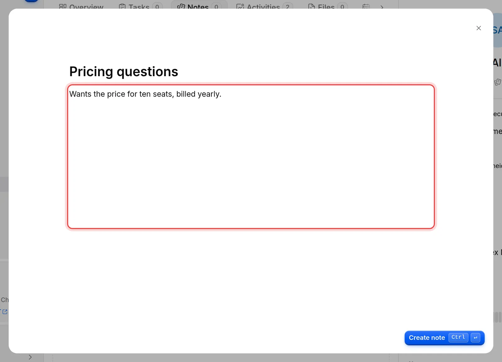 The new note dialog with text typed in its body