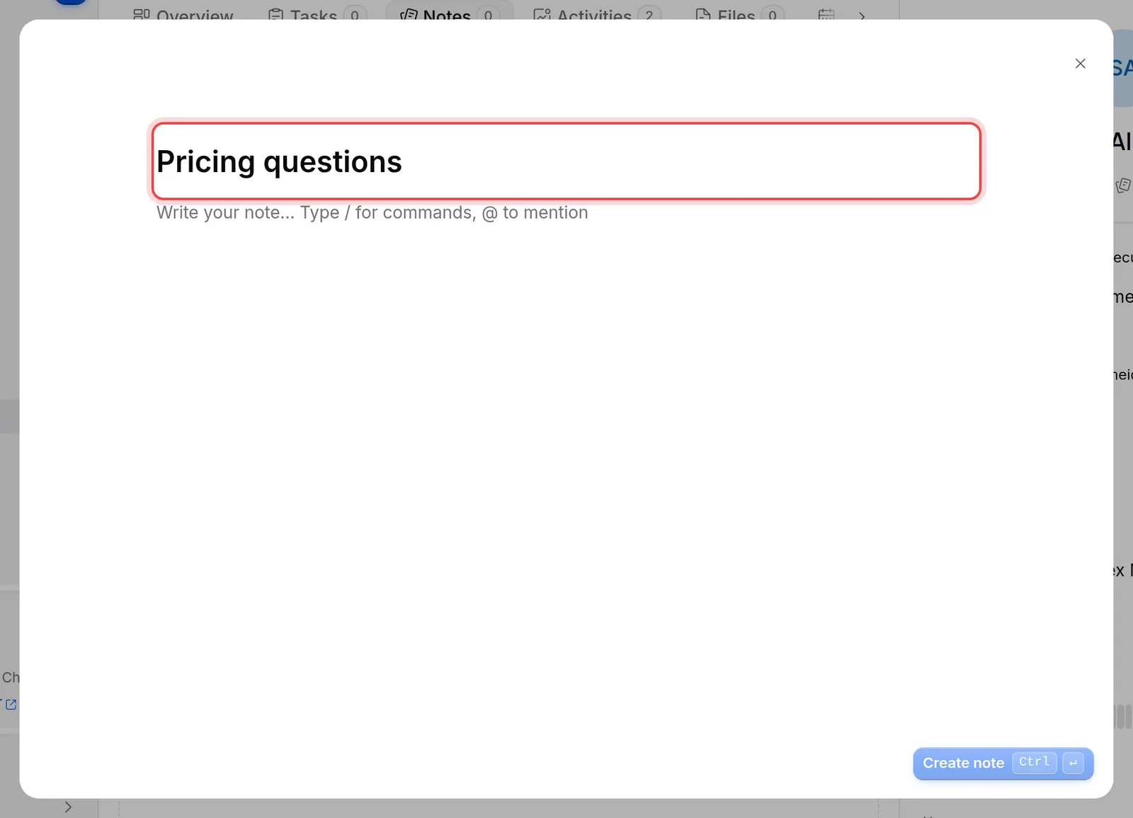 The new note dialog with a title typed in
