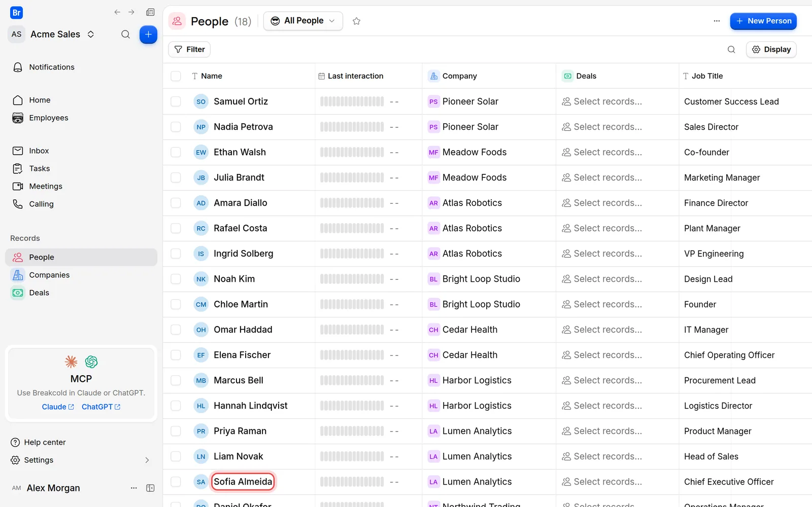 The People list with a person's name about to be clicked