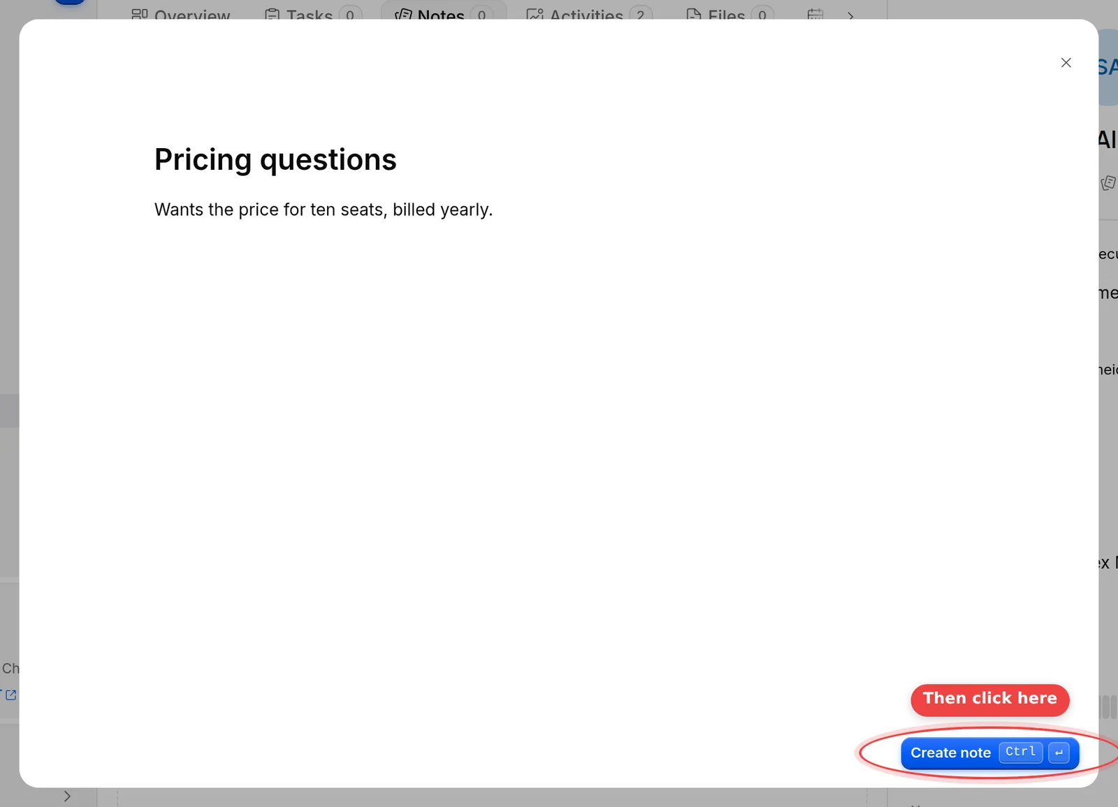 The Create note button at the bottom of the note dialog