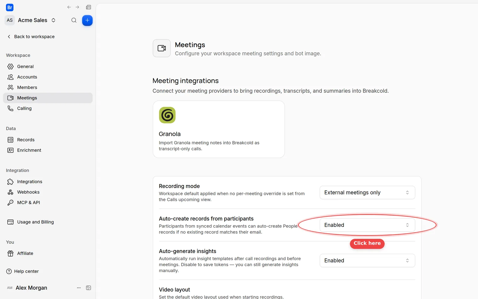 The Auto-create records from participants list on the Meetings settings page
