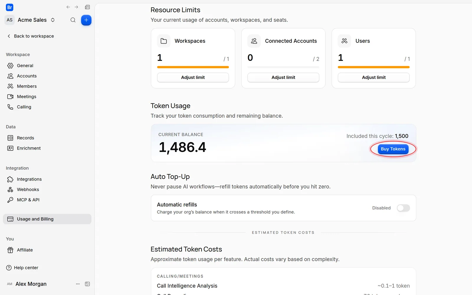 The Buy Tokens button in the Token Usage card of the Usage and Billing page