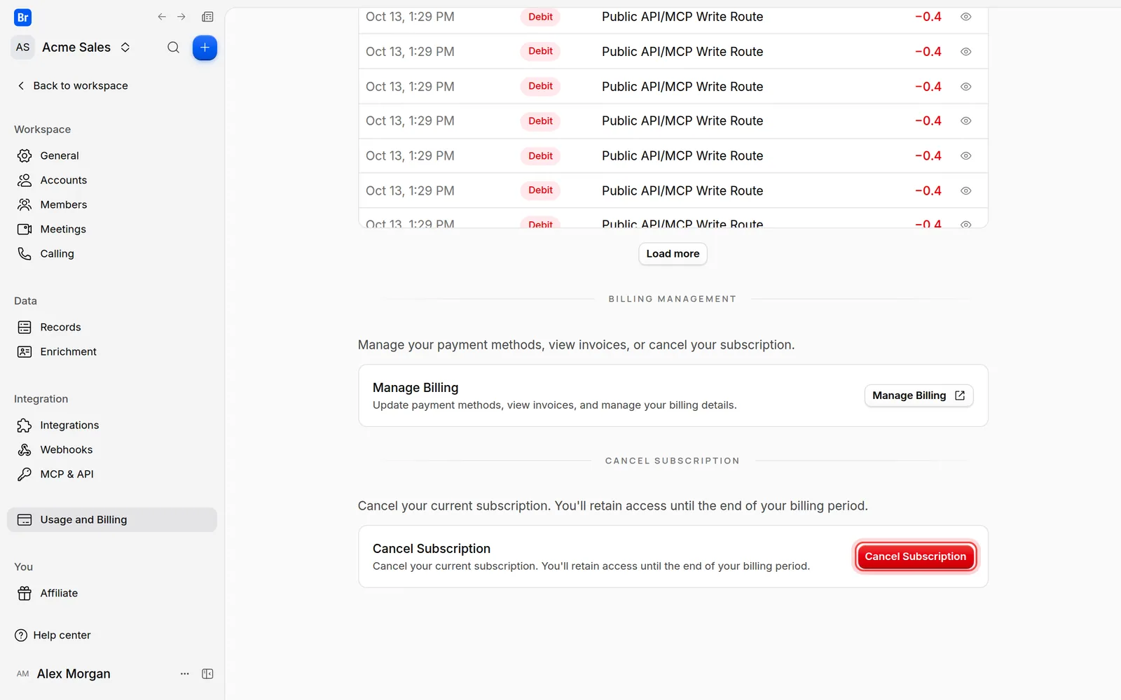 The Cancel Subscription button at the bottom of the Usage and Billing page