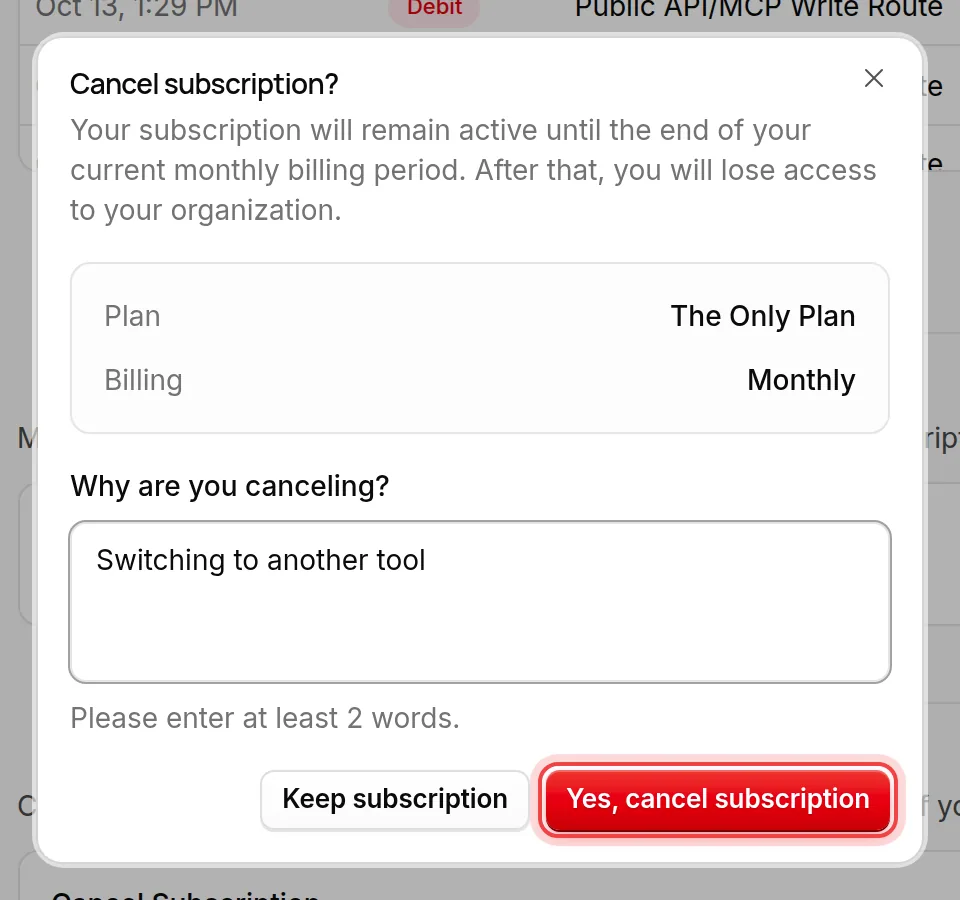 The Yes, cancel subscription button of the dialog