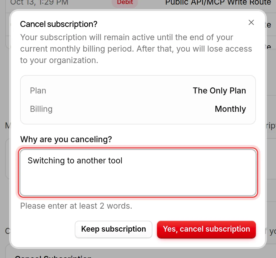 The Cancel subscription dialog with the reason for canceling