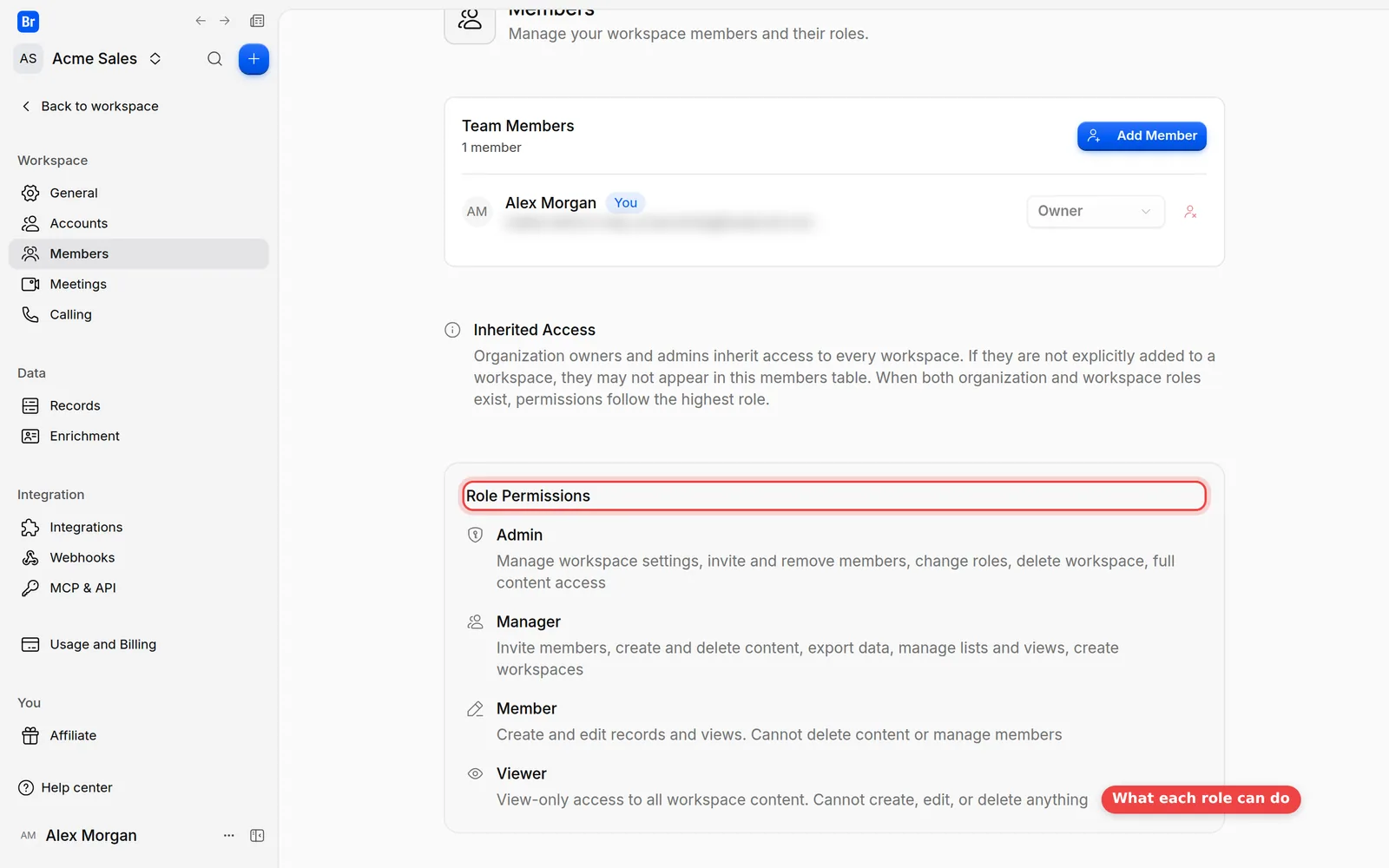 The Role Permissions card that explains the Admin, Manager, Member and Viewer roles