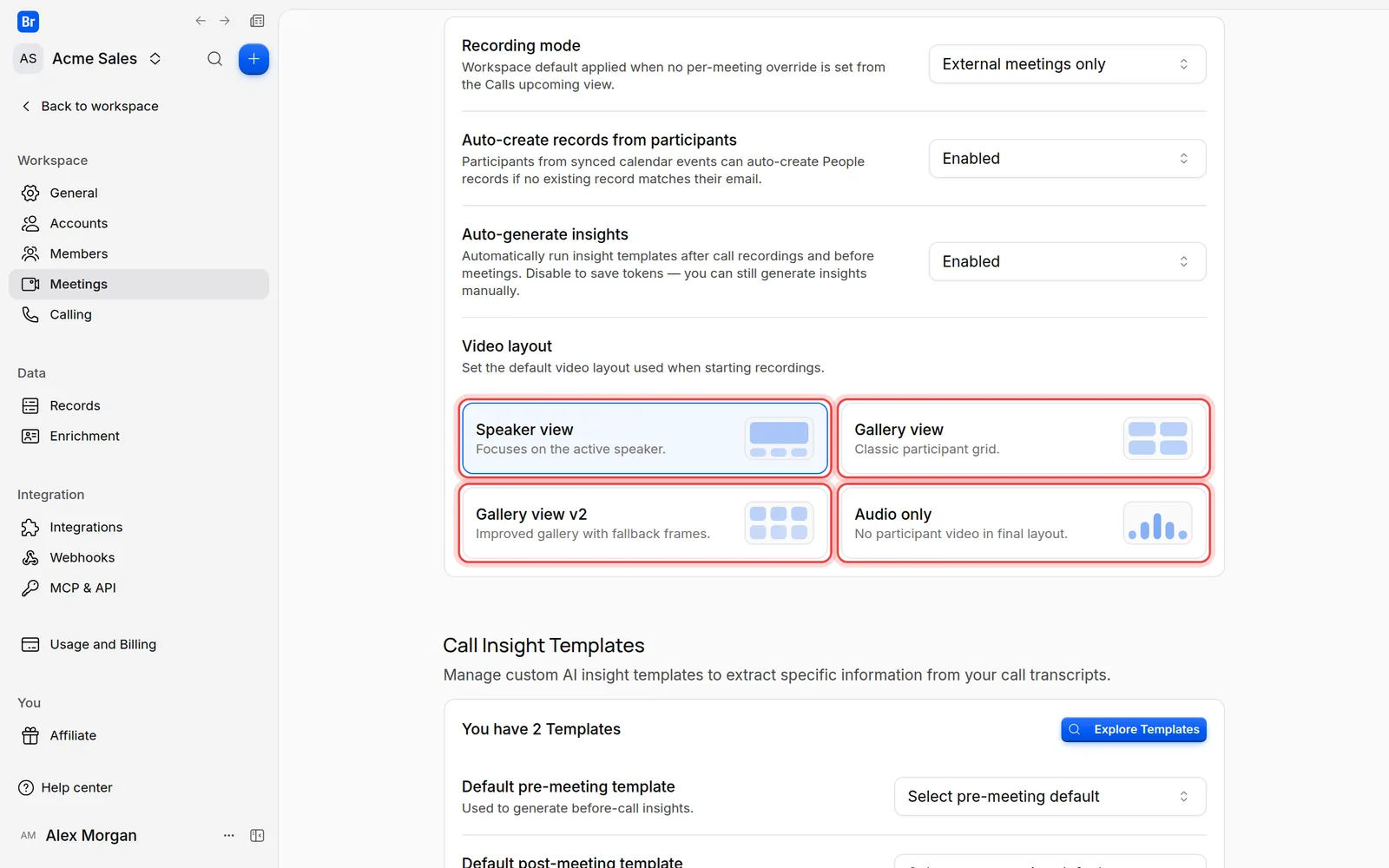 The four video layouts on the Meetings settings page: Speaker view, Gallery view, Gallery view v2 and Audio only