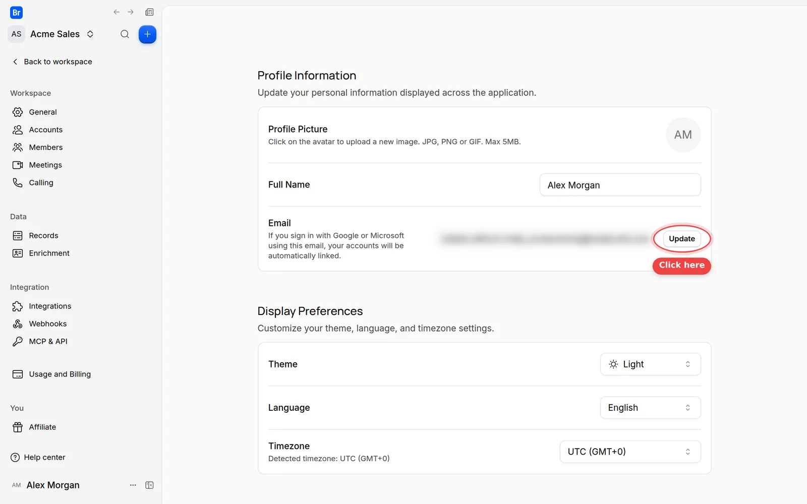 The Update button next to your email on the Preferences page
