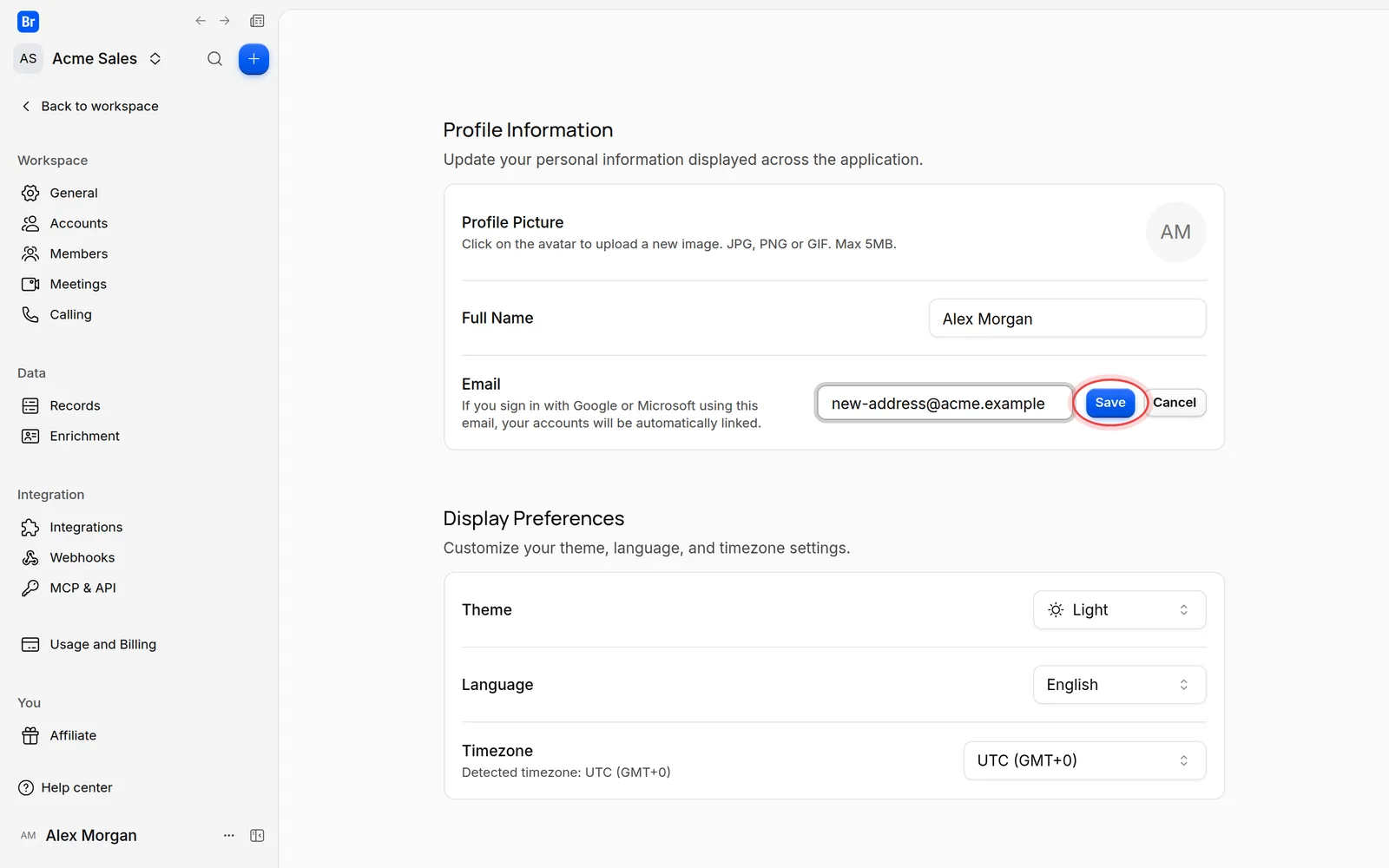 The Save button that confirms the new email address