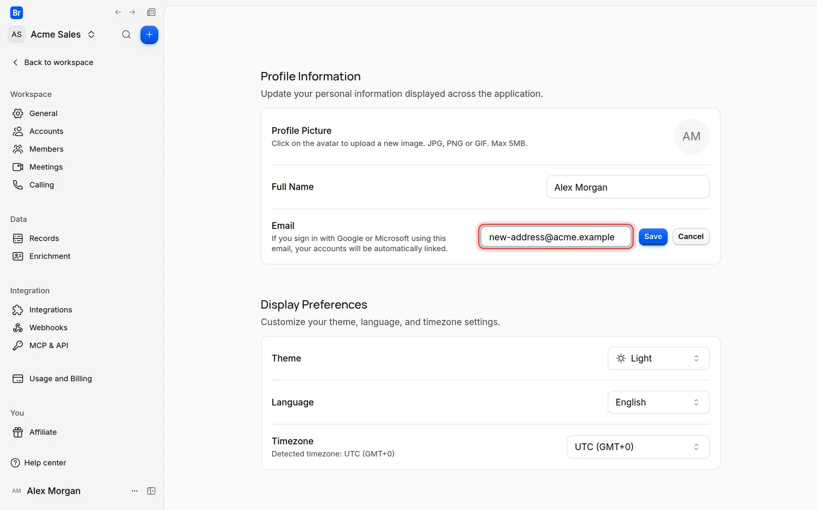 The email field with a new address typed in, next to the Save and Cancel buttons