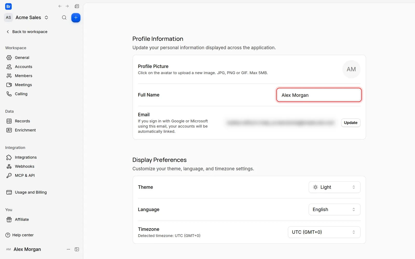 The Full Name field in the Profile Information section of the Preferences page