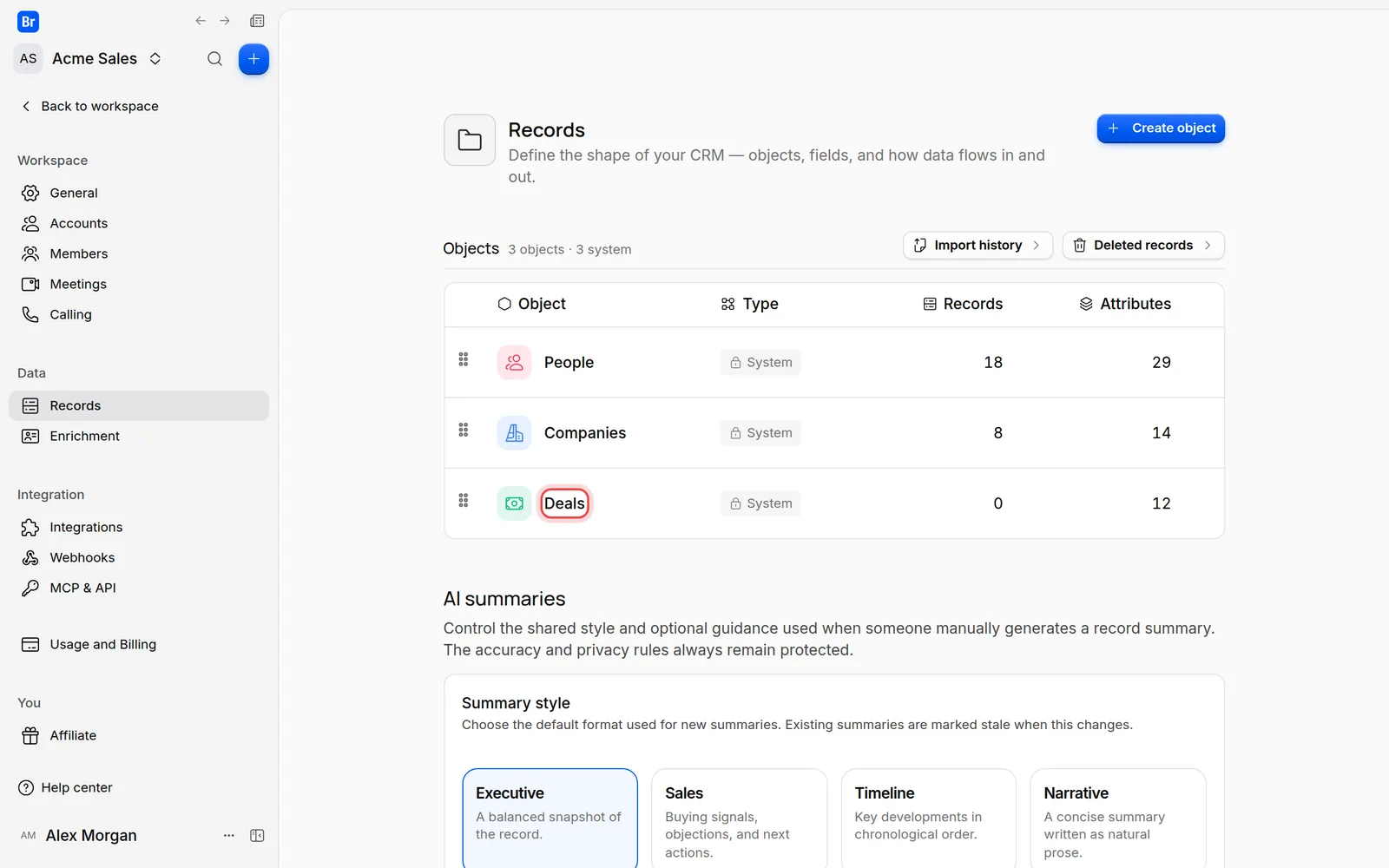 The list of objects on the Records settings page, with Deals about to be opened