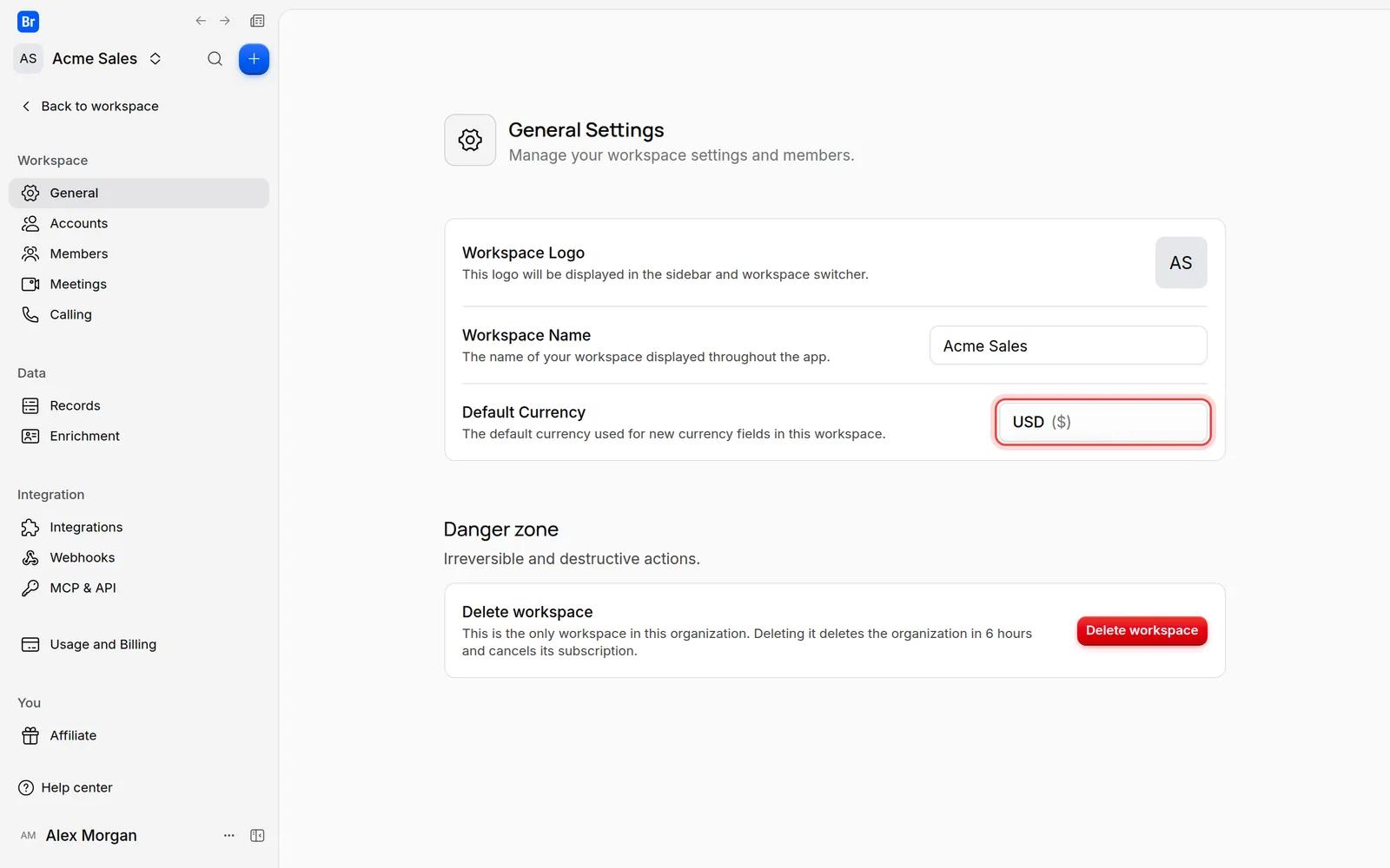 The Default Currency list on the General Settings page