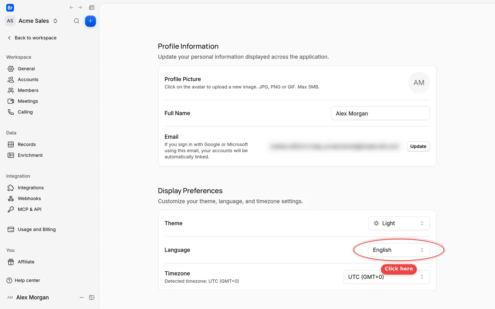 The Language list in the Display Preferences section of the Preferences page
