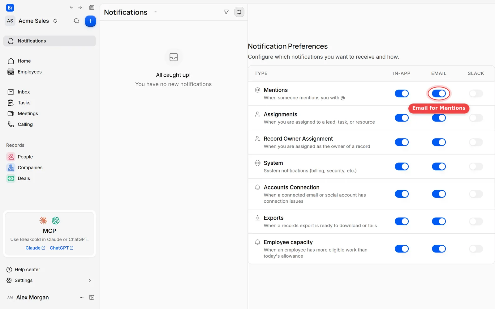 The Notification Preferences table with the Email switch of Mentions marked