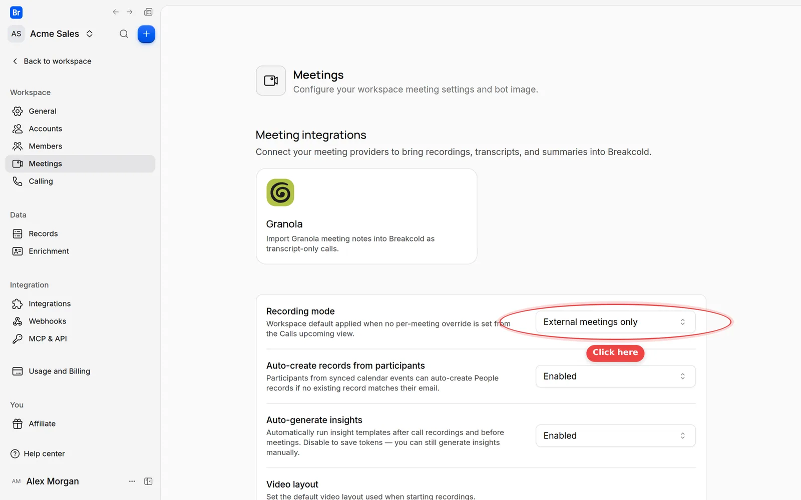 The Recording mode list on the Meetings settings page