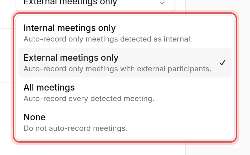 The four recording modes: Internal meetings only, External meetings only, All meetings and None