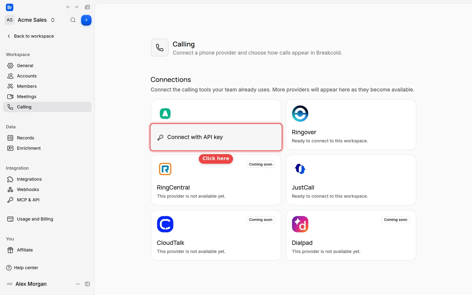 The Aircall card with its Connect with API key button