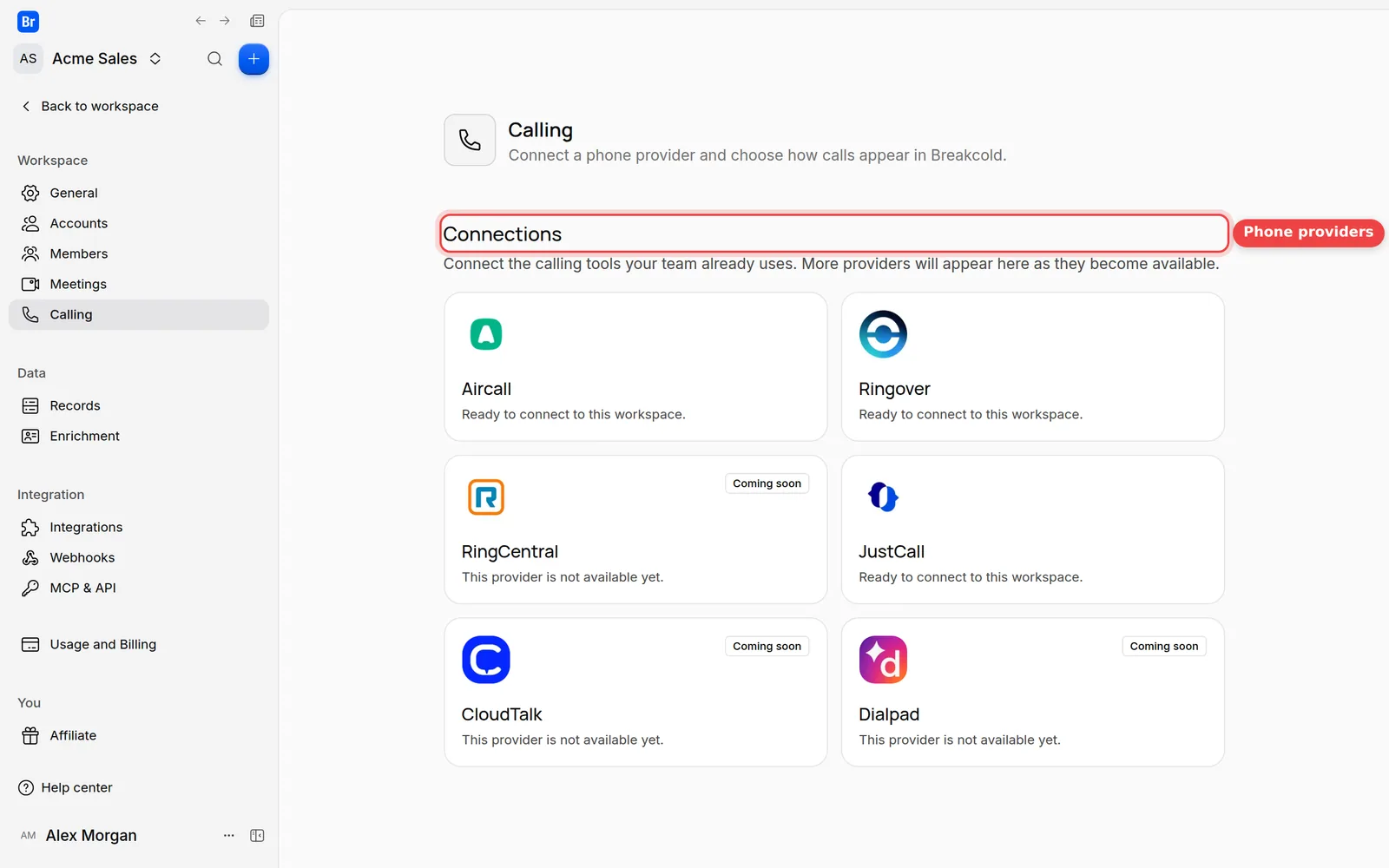The Calling settings page with the Connections grid of phone providers