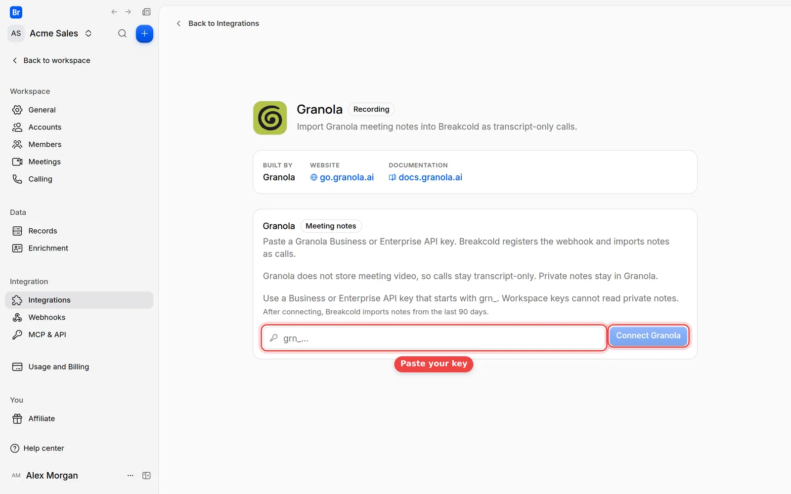 The Granola page with the API key field and the Connect Granola button
