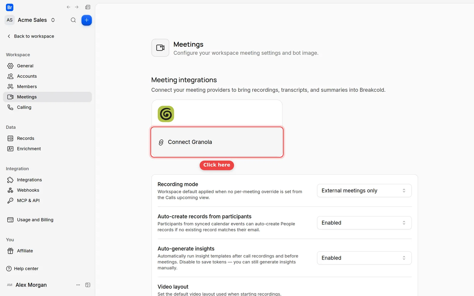 The Granola card under Meeting integrations on the Meetings settings page