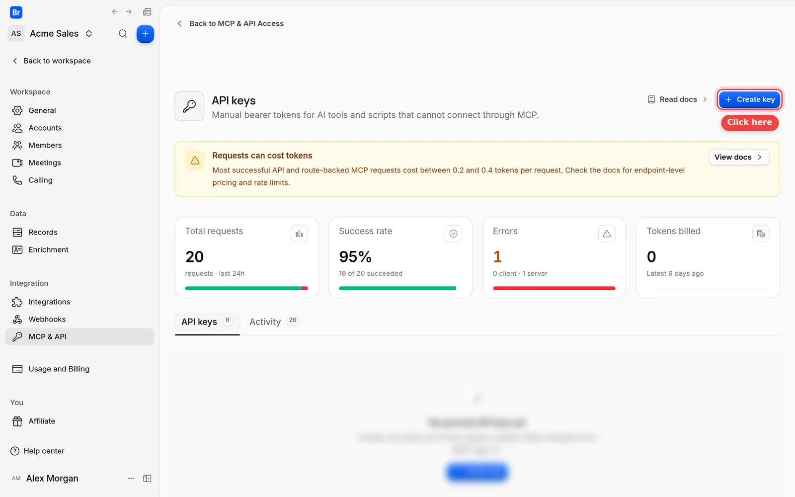 The API keys page with the Create key button