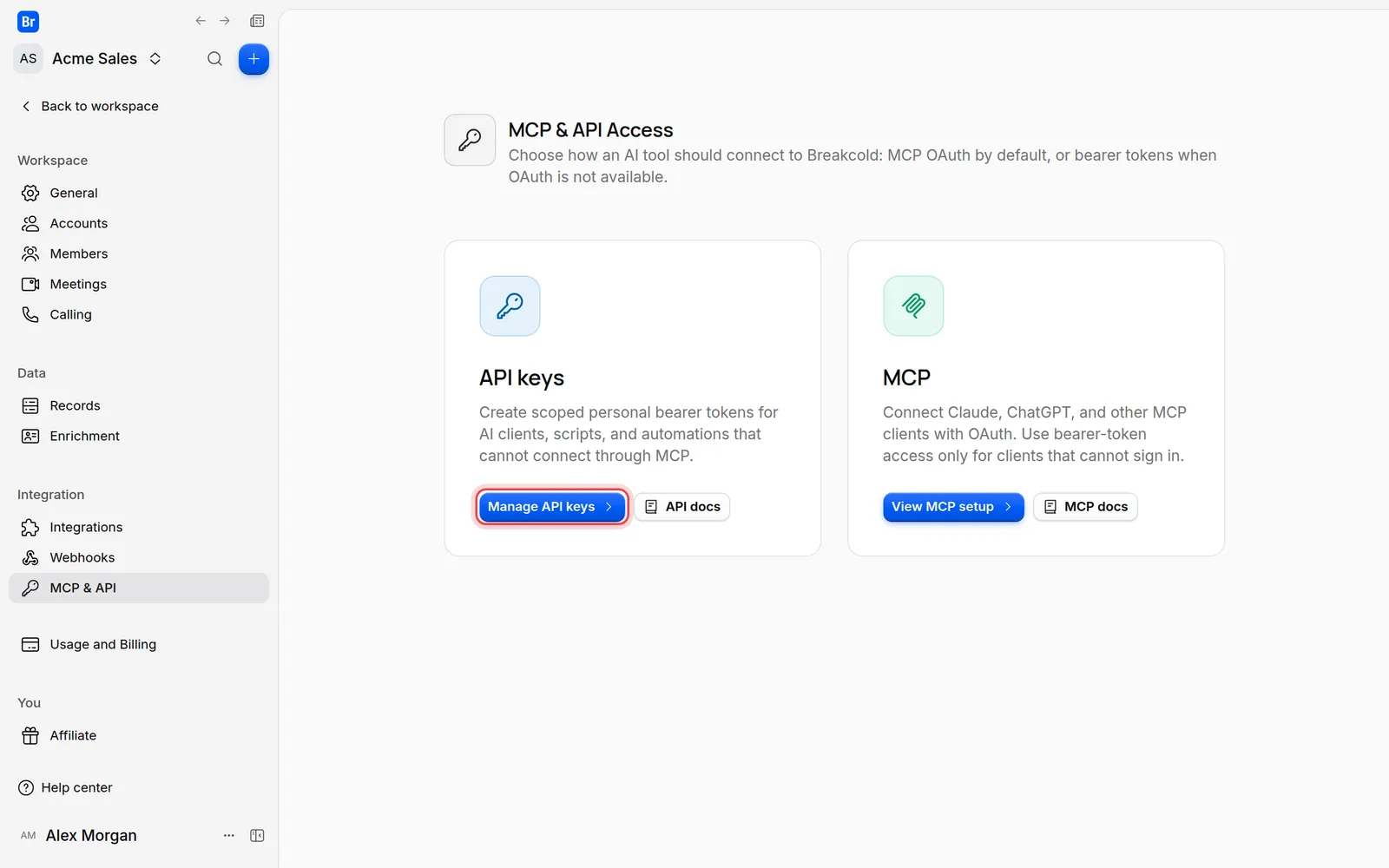 The MCP & API Access settings page with the Manage API keys button