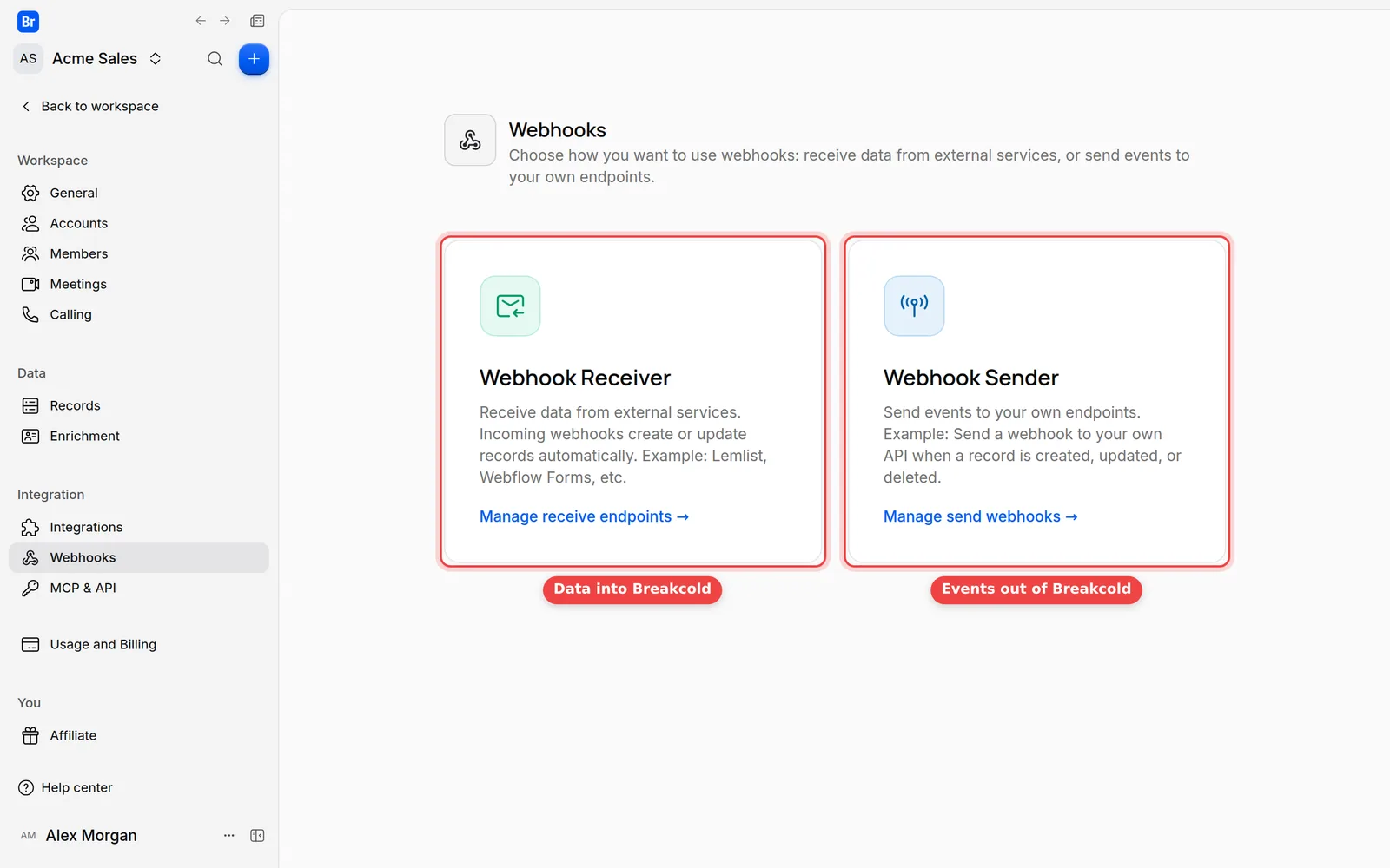 The Webhooks settings page with the Webhook Receiver and Webhook Sender cards