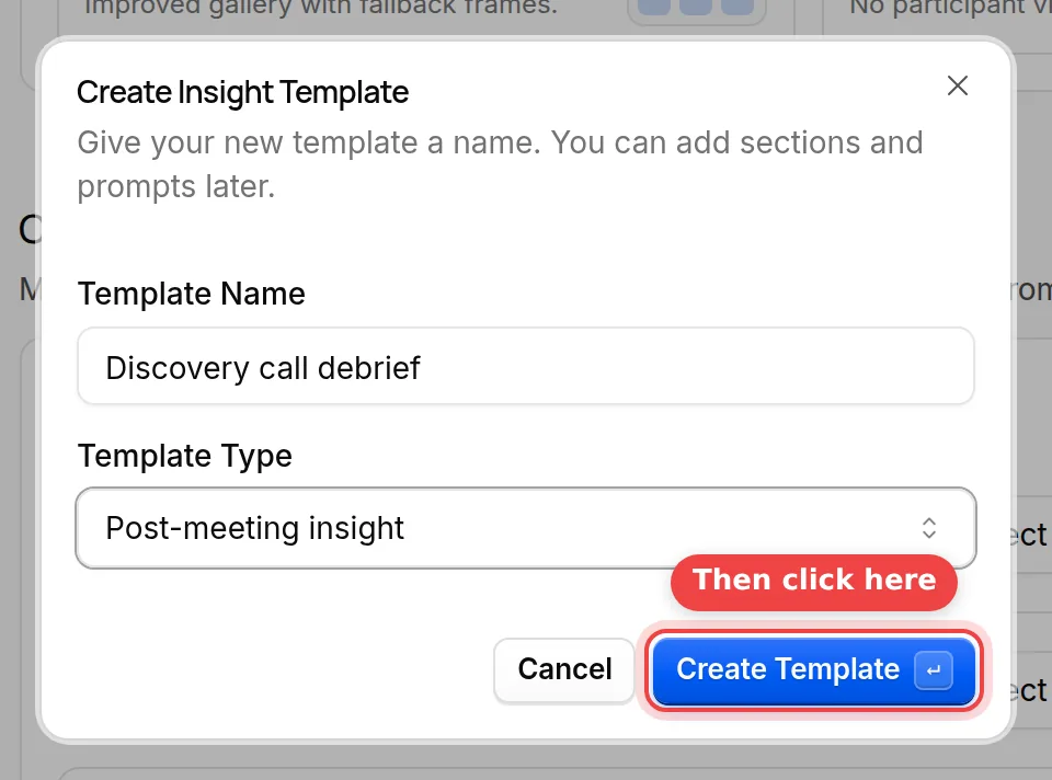 The Create Template button of the Create Insight Template dialog