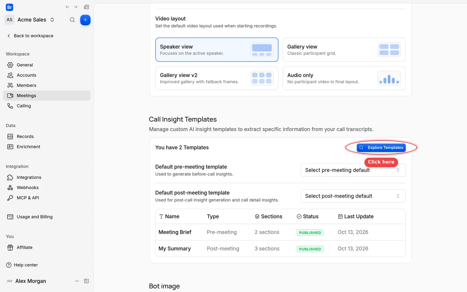 The Call Insight Templates card of the Meetings settings, with the Explore Templates button