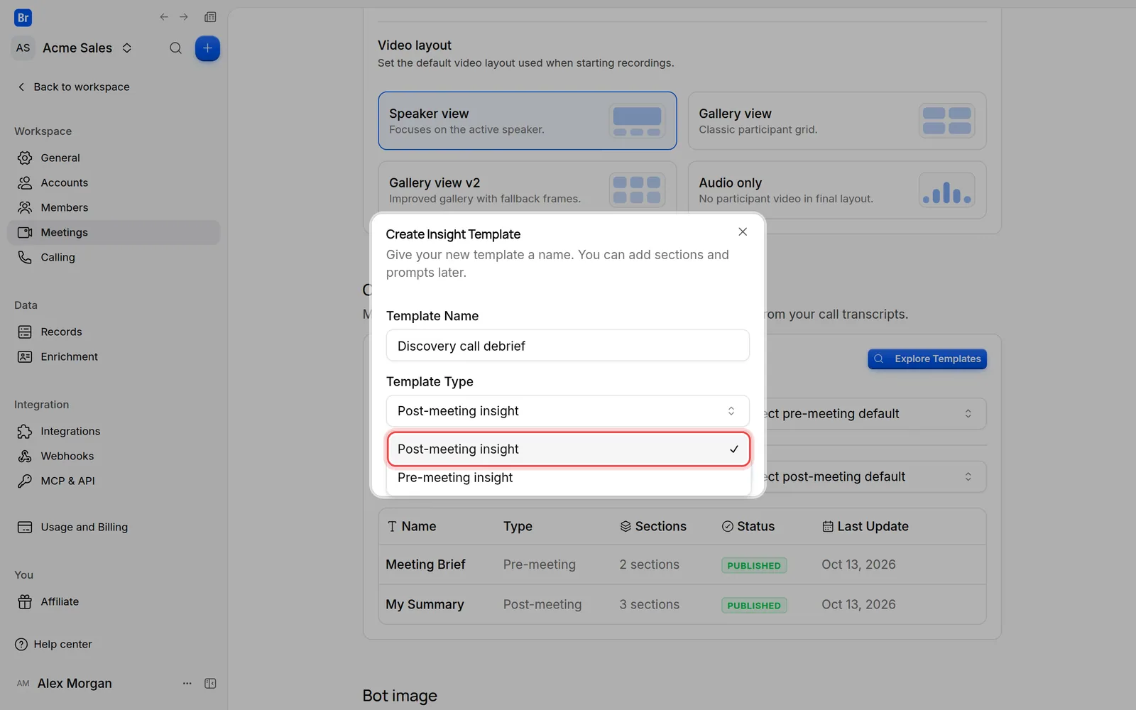 The Template Type list with Post-meeting insight and Pre-meeting insight