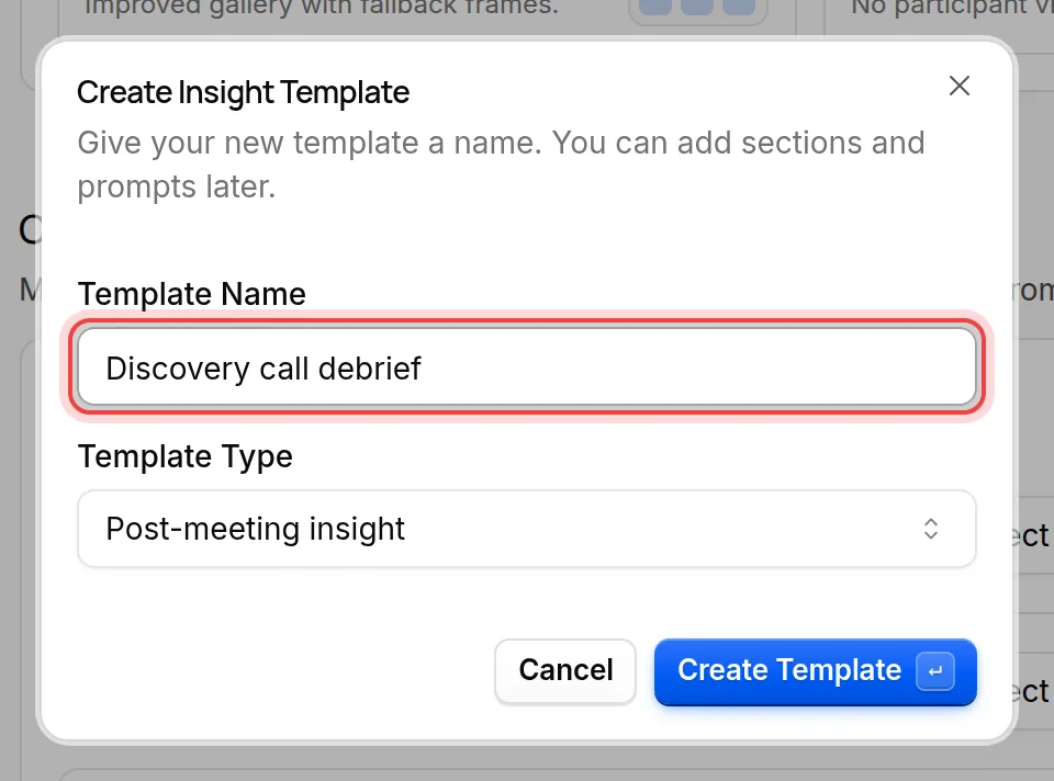 The Create Insight Template dialog with a template name typed in
