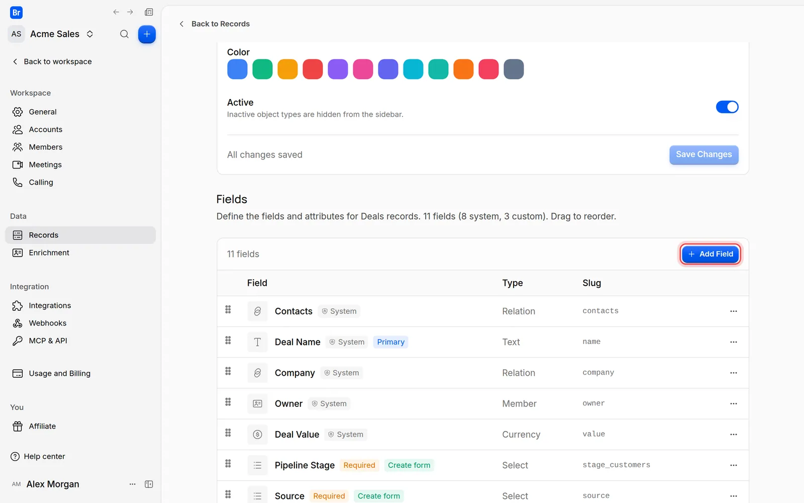 The Add Field button above the list of fields of the Deals object