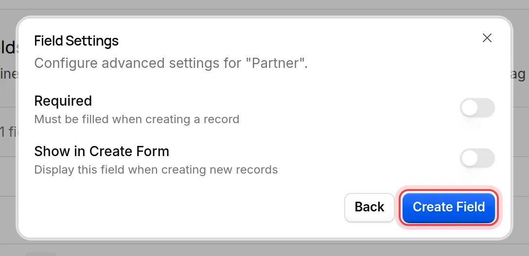 The Field Settings step of a relation field with the Create Field button