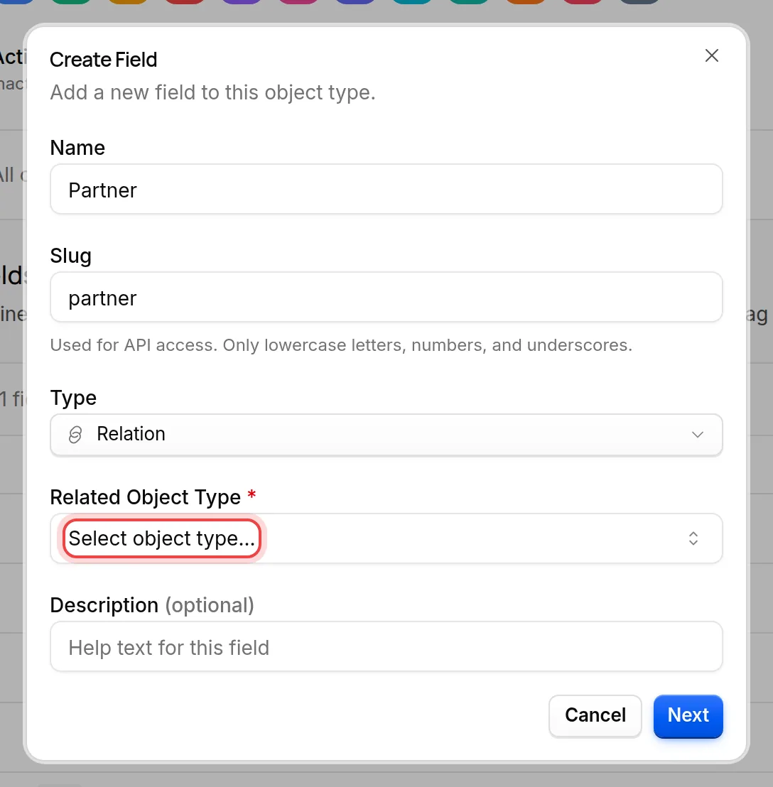 The Related Object Type list of the Create Field dialog