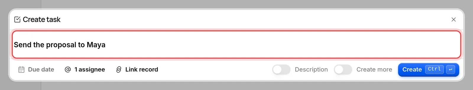 The Create task dialog with a task name typed in