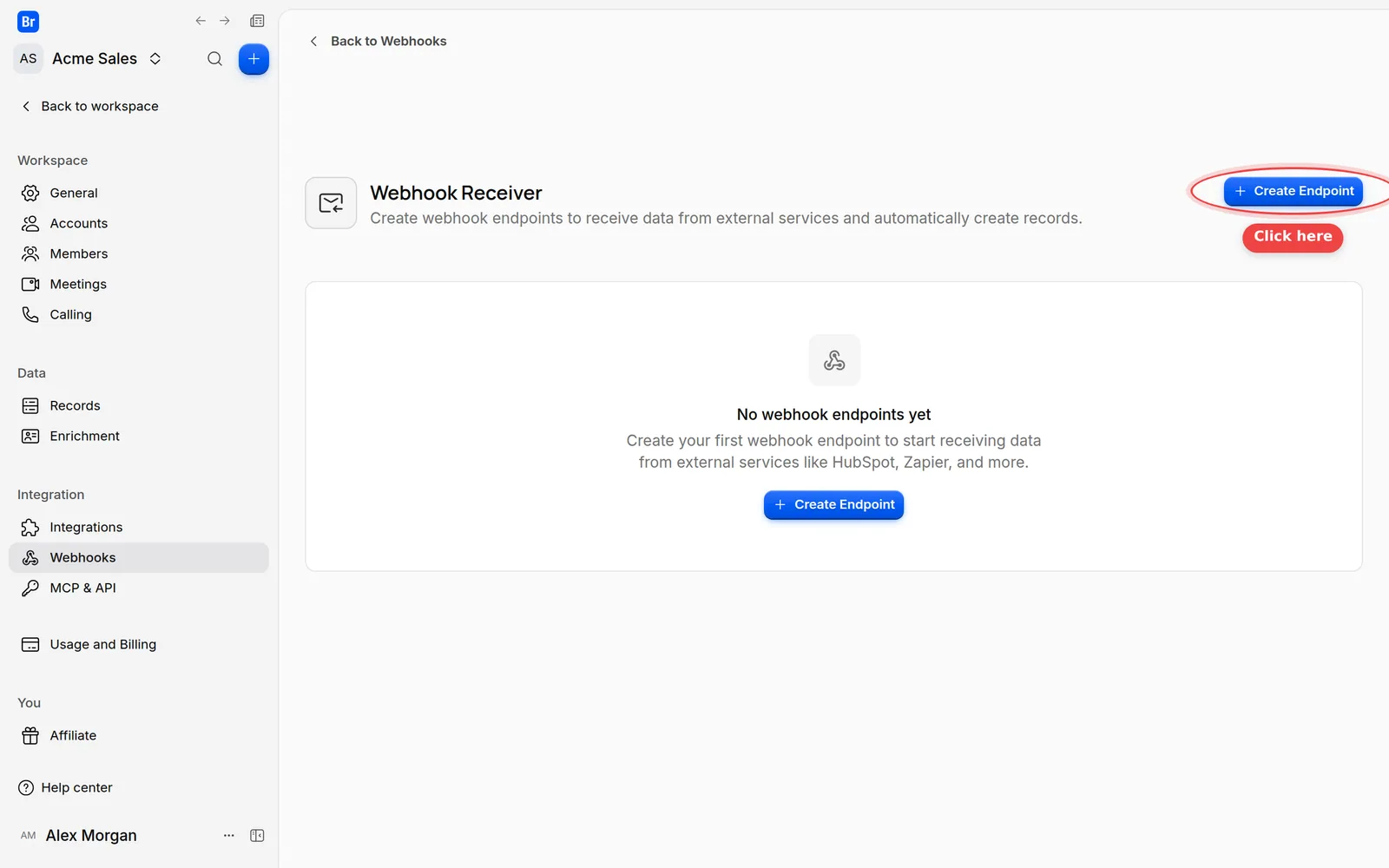 The Create Endpoint button on the Webhook Receiver page