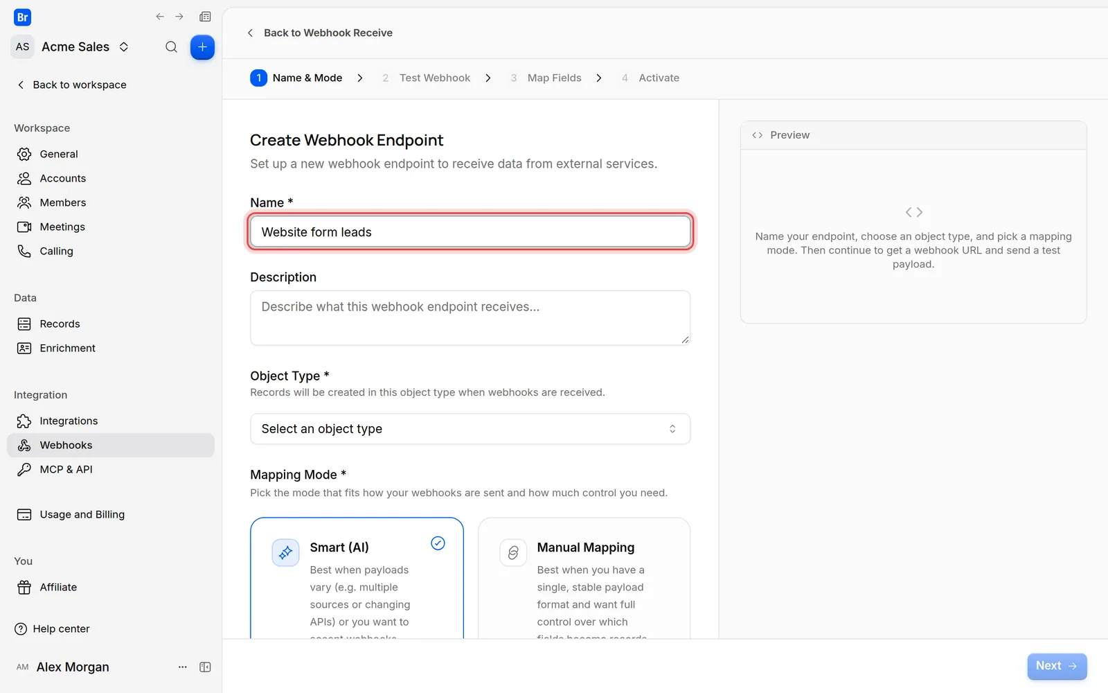 The Name field of the new webhook endpoint