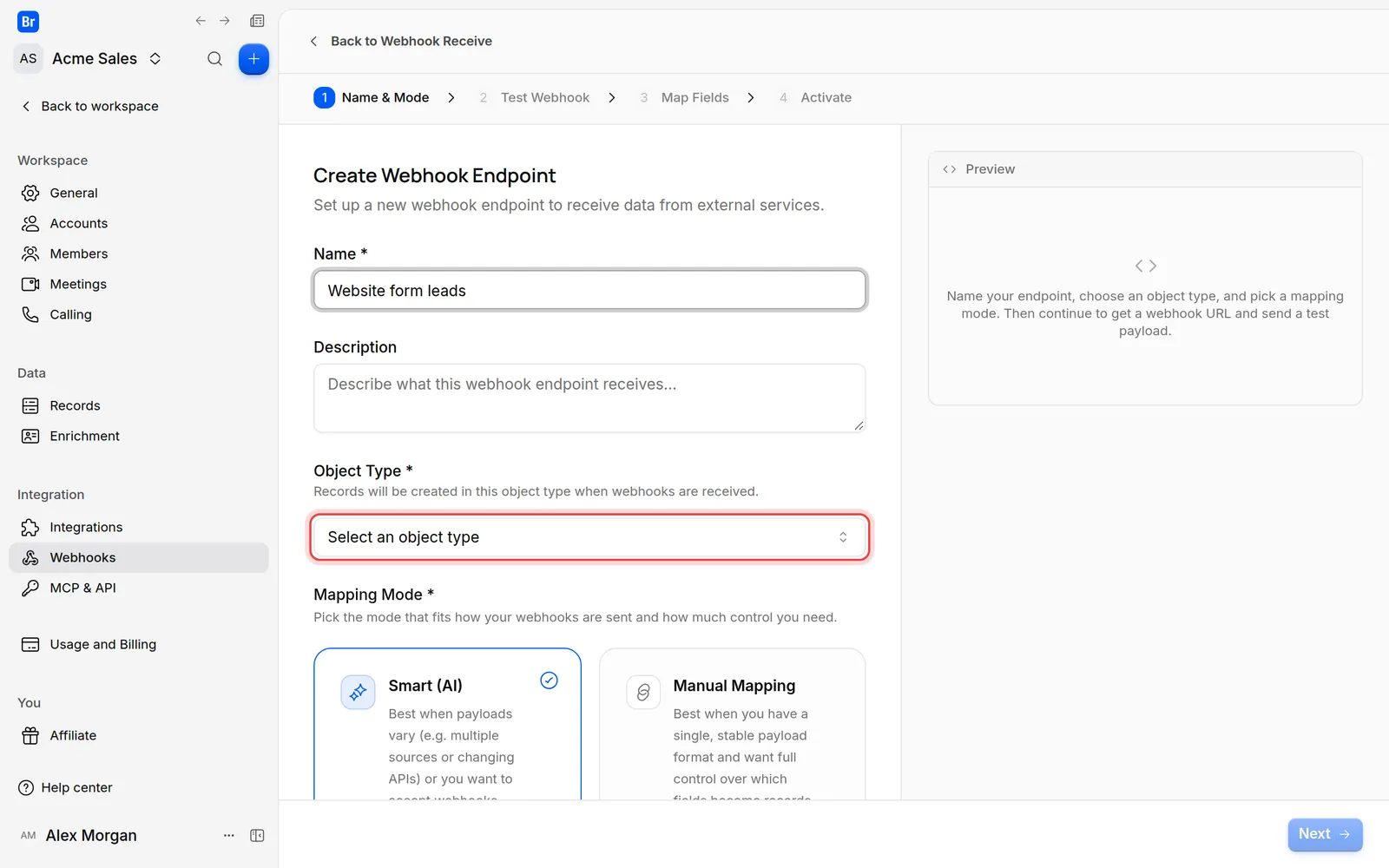 The Object Type field of the new webhook endpoint