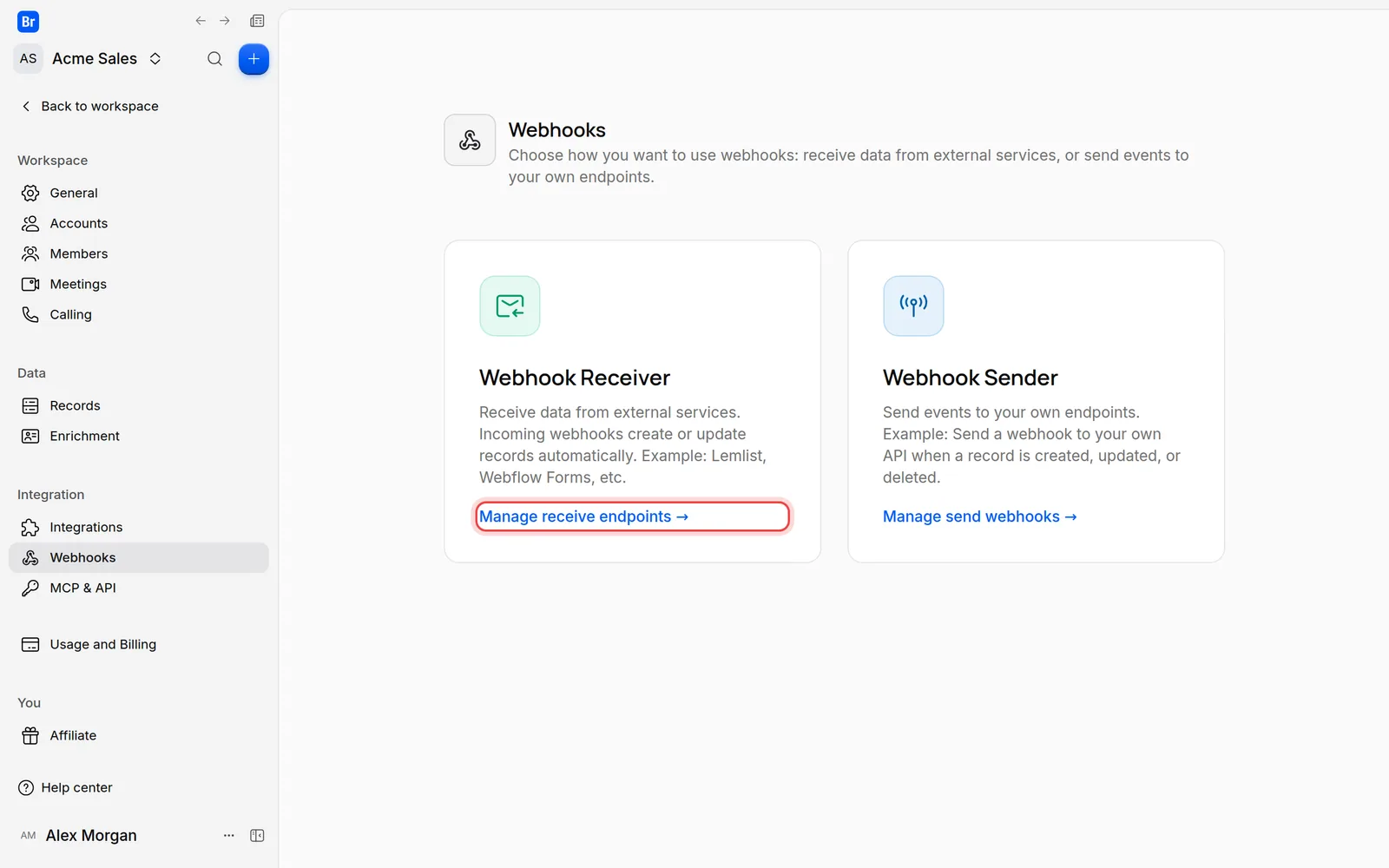 The Webhooks settings page with the Webhook Receiver card