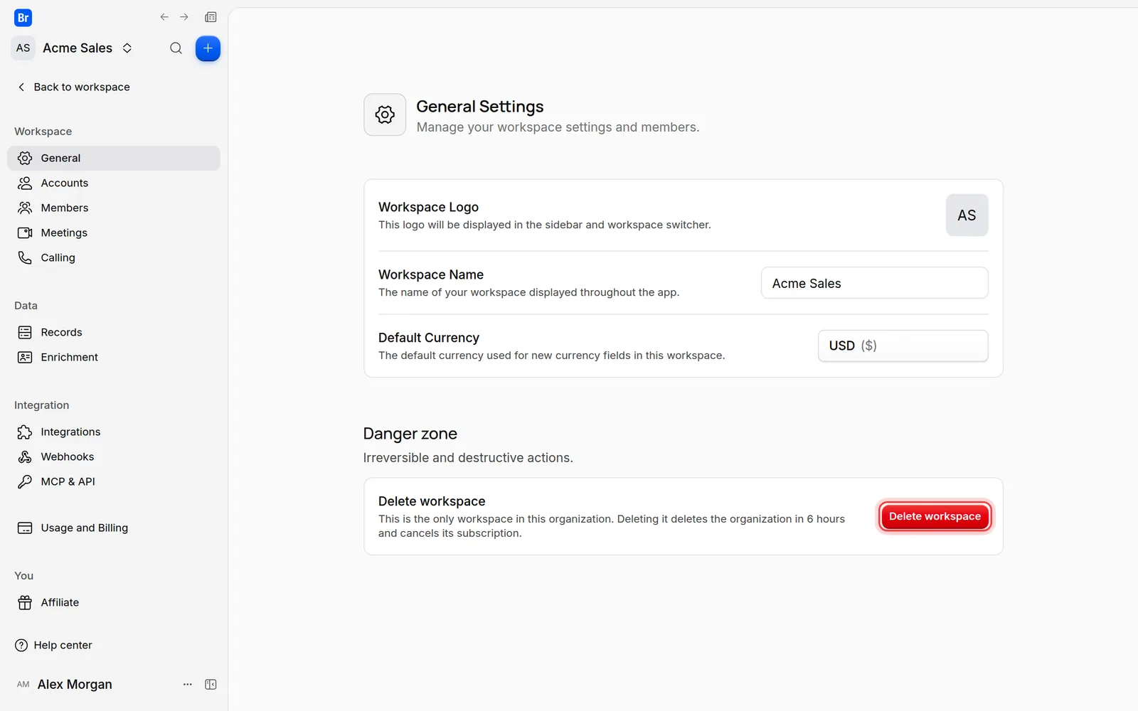 The Delete workspace button in the Danger zone of the General Settings page