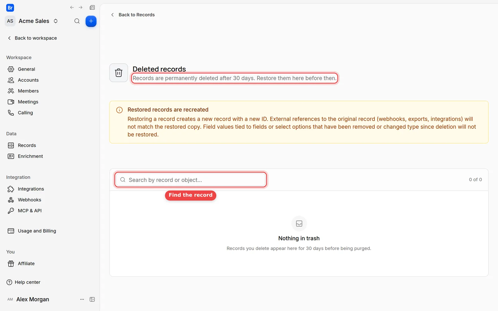 The Deleted records page, with its search field
