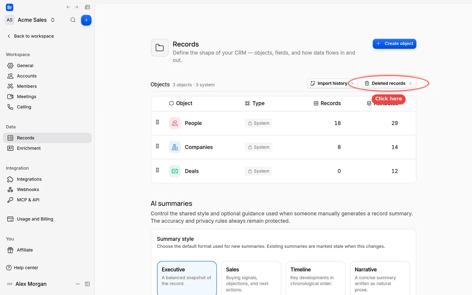 The Deleted records button above the list of objects in the Records settings