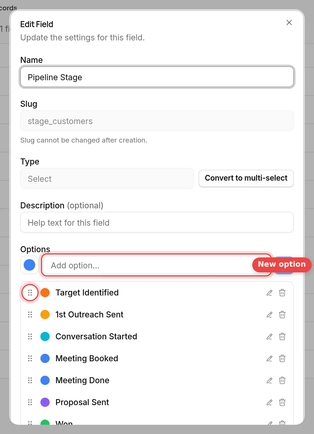 The Options section of the Edit Field dialog, with the field to add an option and the list of options