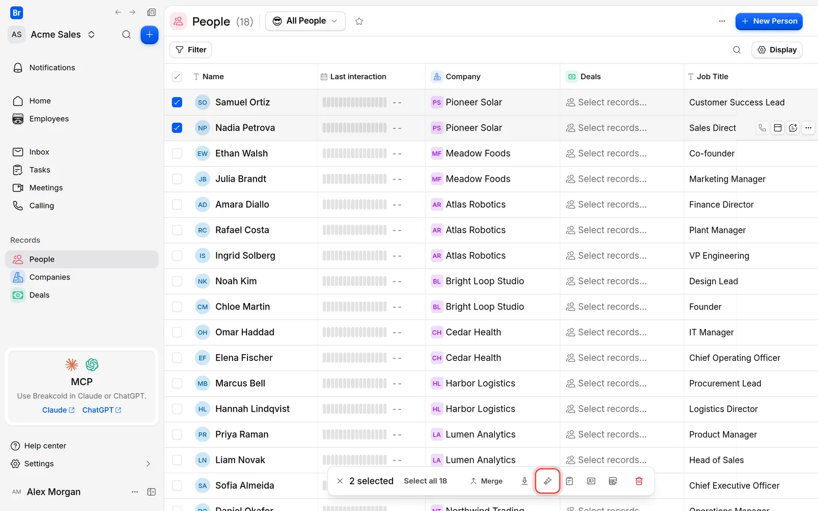 The selection bar at the bottom of the list with the Enrich selected records button marked
